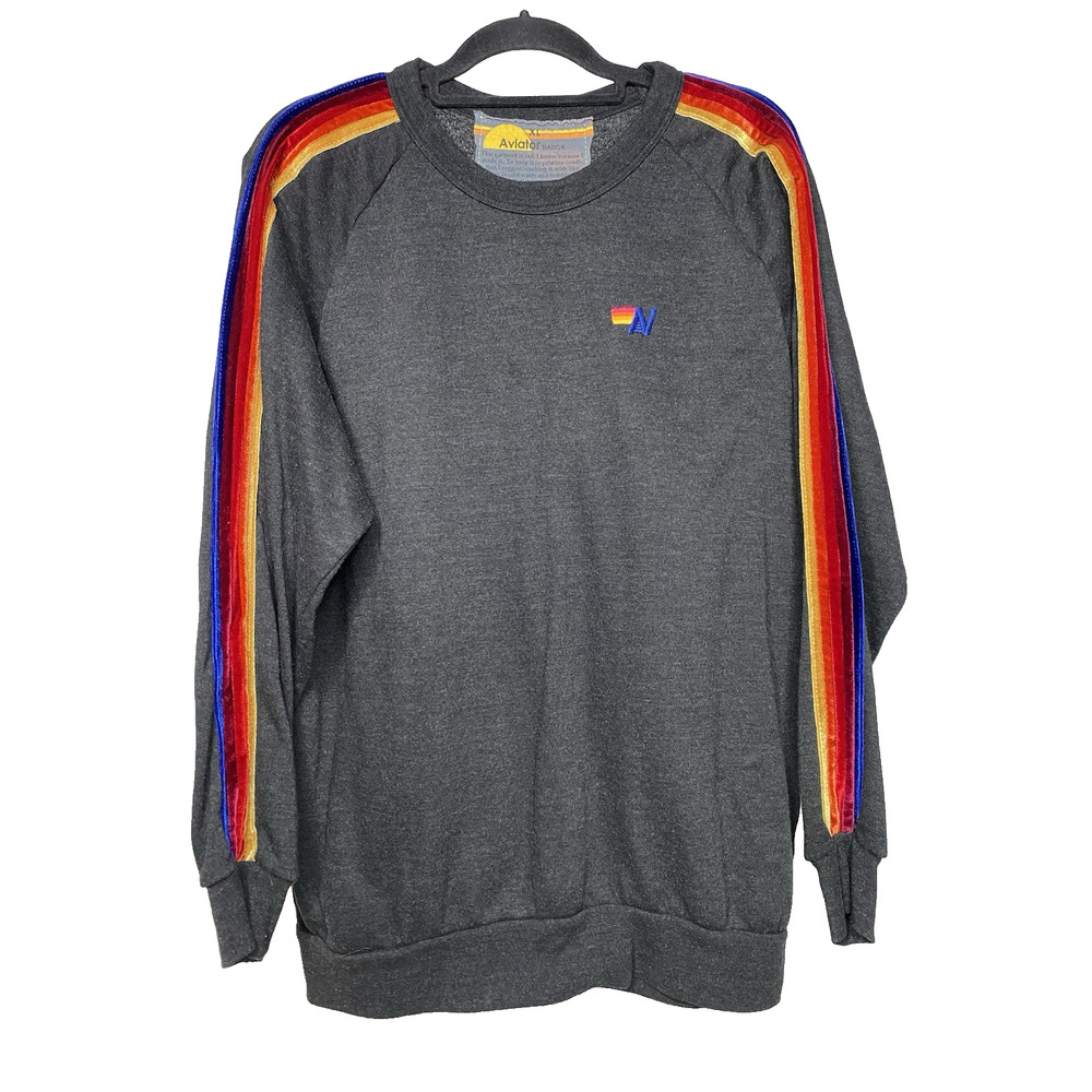 Aviator Nation Charcoal Black Crewneck Sweatshirt Velvet Stripes Adult XL USA